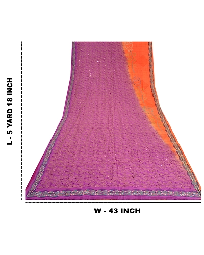 Sanskriti Vintage Sarees Purple Hand Beaded Kantha Pure Crepe Silk Sari Fabric, PRC-18644-Purple-Printed Floral Design-Pure Crepe Silk-9