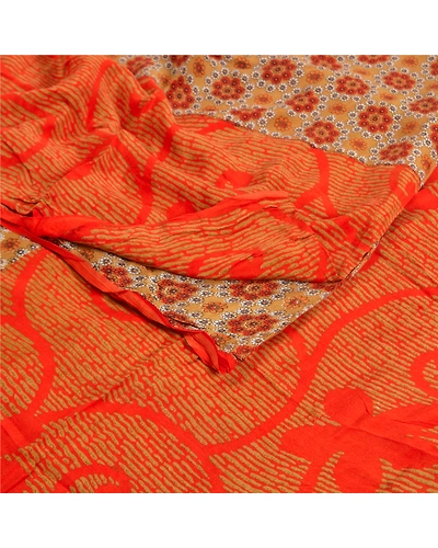 Sanskriti Vintage Sarees Indian Orange Printed Pure Crepe Silk Sari Craft Fabric, PRC-18648-Orange-Printed Floral Design-Pure Crepe Silk-1