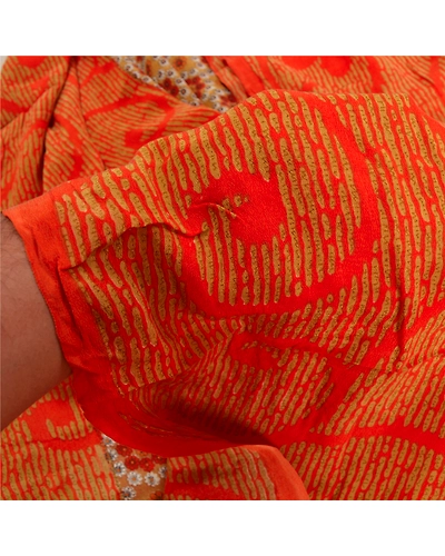 Sanskriti Vintage Sarees Indian Orange Printed Pure Crepe Silk Sari Craft Fabric, PRC-18648-Orange-Printed Floral Design-Pure Crepe Silk-3