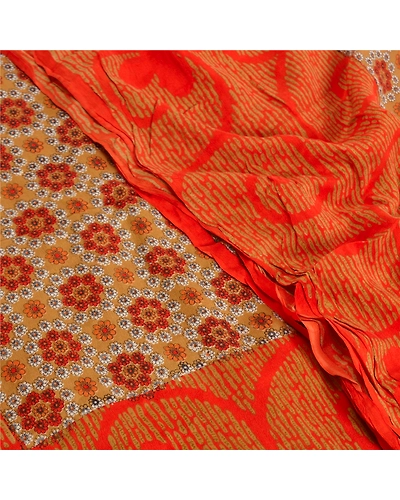 Sanskriti Vintage Sarees Indian Orange Printed Pure Crepe Silk Sari Craft Fabric, PRC-18648-Orange-Printed Floral Design-Pure Crepe Silk-5