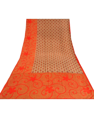 Sanskriti Vintage Sarees Indian Orange Printed Pure Crepe Silk Sari Craft Fabric, PRC-18648-Orange-Printed Floral Design-Pure Crepe Silk-8