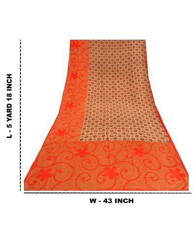 Sanskriti Vintage Sarees Indian Orange Printed Pure Crepe Silk Sari Craft Fabric, PRC-18648-Orange-Printed Floral Design-Pure Crepe Silk-9