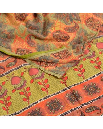 Sanskriti Vintage Sarees Indian Orange Printed Pure Crepe Silk Sari Craft Fabric, PRC-18650-Orange-Printed Floral Design-Pure Crepe Silk-1