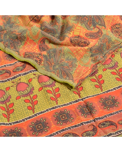 Sanskriti Vintage Sarees Indian Orange Printed Pure Crepe Silk Sari Craft Fabric, PRC-18650-Orange-Printed Floral Design-Pure Crepe Silk-2