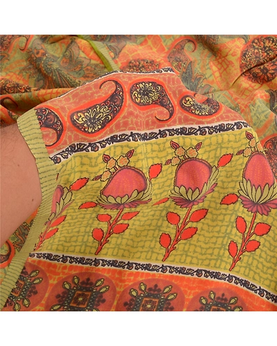 Sanskriti Vintage Sarees Indian Orange Printed Pure Crepe Silk Sari Craft Fabric, PRC-18650-Orange-Printed Floral Design-Pure Crepe Silk-3