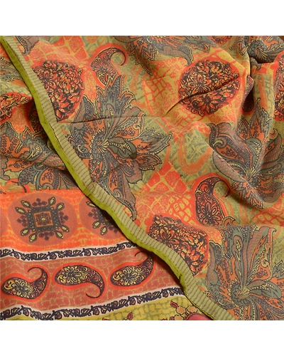 Sanskriti Vintage Sarees Indian Orange Printed Pure Crepe Silk Sari Craft Fabric, PRC-18650-Orange-Printed Floral Design-Pure Crepe Silk-5