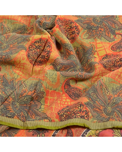 Sanskriti Vintage Sarees Indian Orange Printed Pure Crepe Silk Sari Craft Fabric, PRC-18650-Orange-Printed Floral Design-Pure Crepe Silk-6