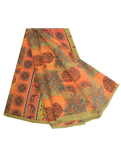 Sanskriti Vintage Sarees Indian Orange Printed Pure Crepe Silk Sari Craft Fabric, PRC-18650-Orange-Printed Floral Design-Pure Crepe Silk-7