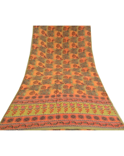 Sanskriti Vintage Sarees Indian Orange Printed Pure Crepe Silk Sari Craft Fabric, PRC-18650-Orange-Printed Floral Design-Pure Crepe Silk-8