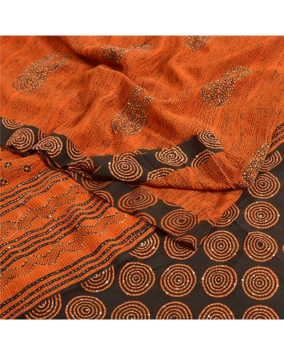 Sanskriti Vintage Sarees Orange Hand Beaded Kantha Pure Crepe Silk Sari Fabric, PRC-18652-Orange-Printed Floral Design-Pure Crepe Silk-1