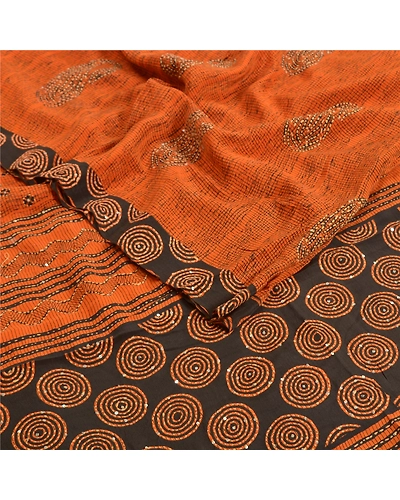 Sanskriti Vintage Sarees Orange Hand Beaded Kantha Pure Crepe Silk Sari Fabric, PRC-18652-Orange-Printed Floral Design-Pure Crepe Silk-2