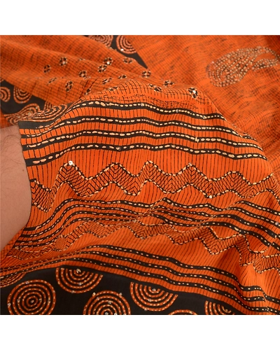 Sanskriti Vintage Sarees Orange Hand Beaded Kantha Pure Crepe Silk Sari Fabric, PRC-18652-Orange-Printed Floral Design-Pure Crepe Silk-3