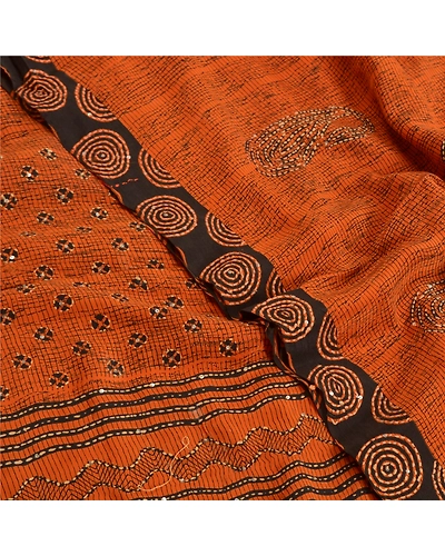 Sanskriti Vintage Sarees Orange Hand Beaded Kantha Pure Crepe Silk Sari Fabric, PRC-18652-Orange-Printed Floral Design-Pure Crepe Silk-5