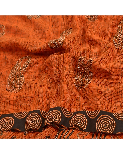 Sanskriti Vintage Sarees Orange Hand Beaded Kantha Pure Crepe Silk Sari Fabric, PRC-18652-Orange-Printed Floral Design-Pure Crepe Silk-6