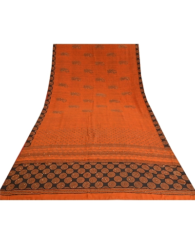 Sanskriti Vintage Sarees Orange Hand Beaded Kantha Pure Crepe Silk Sari Fabric, PRC-18652-Orange-Printed Floral Design-Pure Crepe Silk-8
