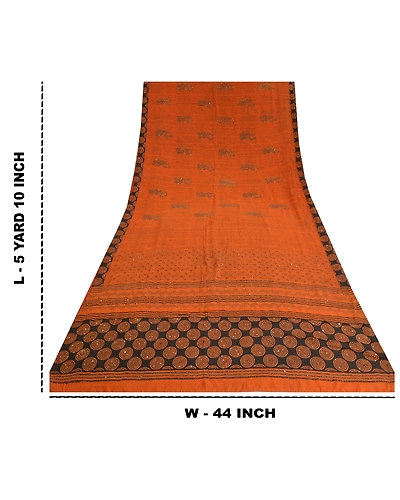 Sanskriti Vintage Sarees Orange Hand Beaded Kantha Pure Crepe Silk Sari Fabric, PRC-18652-Orange-Printed Floral Design-Pure Crepe Silk-9