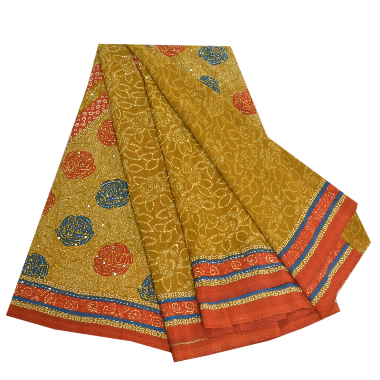 Sanskriti Vintage Sarees Mustard Green Hand Beaded Kantha Crepe Sari 5Yd Fabric, PRC-18654-Mustard Green-Printed Floral Design-Blend Crepe-7