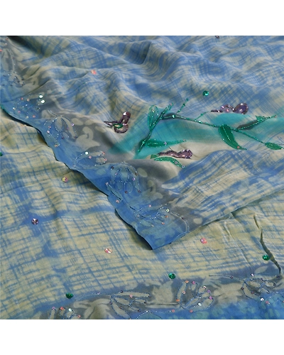 Sanskriti Vintage Sarees Blue Hand Beads Print Pure Crepe Silk Sari Craft Fabric, PRC-18660-Blue-Printed Floral Design-Pure Crepe Silk-2