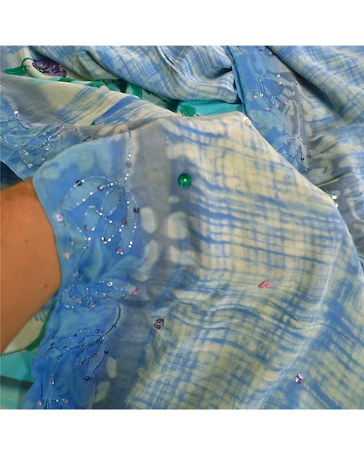 Sanskriti Vintage Sarees Blue Hand Beads Print Pure Crepe Silk Sari Craft Fabric, PRC-18660-Blue-Printed Floral Design-Pure Crepe Silk-3