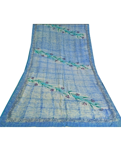 Sanskriti Vintage Sarees Blue Hand Beads Print Pure Crepe Silk Sari Craft Fabric, PRC-18660-Blue-Printed Floral Design-Pure Crepe Silk-8