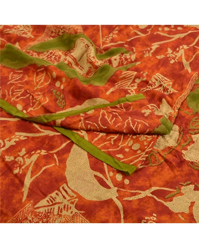 Sanskriti Vintage Sarees Orange Pure Crepe Silk Printed Sari Floral Craft Fabric, PRC-18676-Orange-Printed Floral Design-Pure Crepe Silk-1