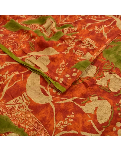 Sanskriti Vintage Sarees Orange Pure Crepe Silk Printed Sari Floral Craft Fabric, PRC-18676-Orange-Printed Floral Design-Pure Crepe Silk-2