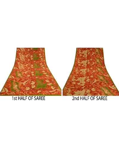 Sanskriti Vintage Sarees Orange Pure Crepe Silk Printed Sari Floral Craft Fabric, PRC-18676-Orange-Printed Floral Design-Pure Crepe Silk-4