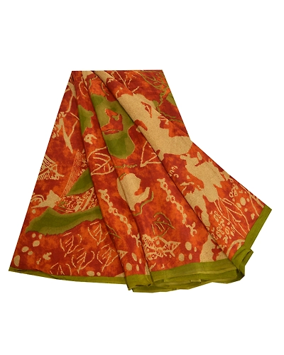 Sanskriti Vintage Sarees Orange Pure Crepe Silk Printed Sari Floral Craft Fabric, PRC-18676-Orange-Printed Floral Design-Pure Crepe Silk-7