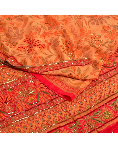 Sanskriti Vintage Sarees Orange Hand Beaded Pure Crepe Silk Printed Sari Fabric, PRC-18681-Orange-Printed Floral Design-Pure Crepe Silk-1
