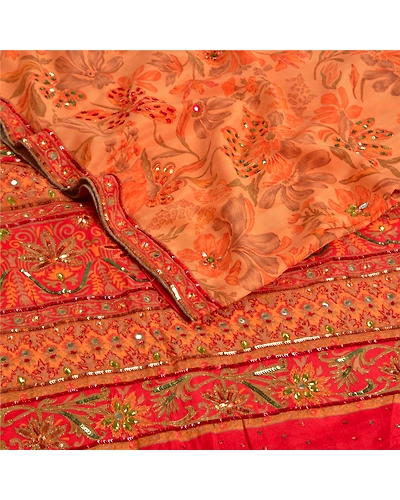 Sanskriti Vintage Sarees Orange Hand Beaded Pure Crepe Silk Printed Sari Fabric, PRC-18681-Orange-Printed Floral Design-Pure Crepe Silk-2