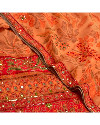 Sanskriti Vintage Sarees Orange Hand Beaded Pure Crepe Silk Printed Sari Fabric, PRC-18681-Orange-Printed Floral Design-Pure Crepe Silk-5