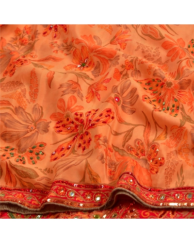 Sanskriti Vintage Sarees Orange Hand Beaded Pure Crepe Silk Printed Sari Fabric, PRC-18681-Orange-Printed Floral Design-Pure Crepe Silk-6