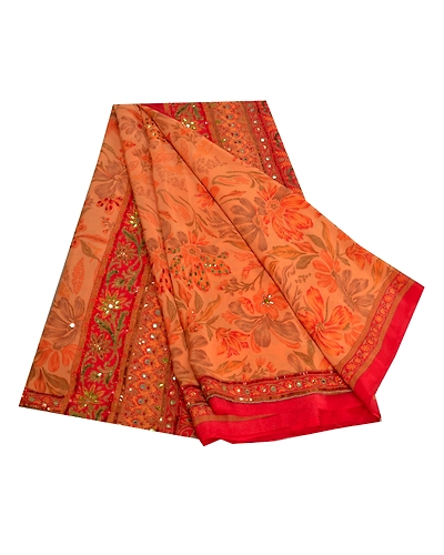 Sanskriti Vintage Sarees Orange Hand Beaded Pure Crepe Silk Printed Sari Fabric, PRC-18681-Orange-Printed Floral Design-Pure Crepe Silk-7