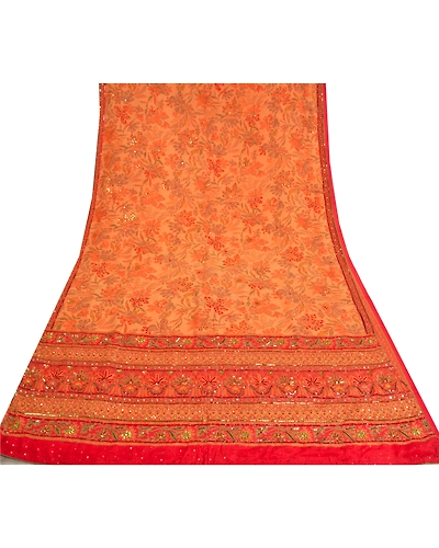 Sanskriti Vintage Sarees Orange Hand Beaded Pure Crepe Silk Printed Sari Fabric, PRC-18681-Orange-Printed Floral Design-Pure Crepe Silk-8
