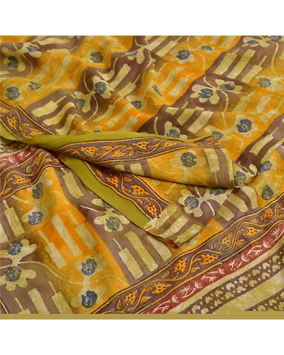 Sanskriti Vintage Sarees Green Pure Crepe Silk Printed Sari Floral Craft Fabric, PRC-18687-Green-Printed Floral Design-Pure Crepe Silk-1