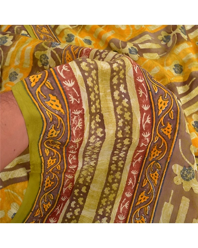 Sanskriti Vintage Sarees Green Pure Crepe Silk Printed Sari Floral Craft Fabric, PRC-18687-Green-Printed Floral Design-Pure Crepe Silk-3