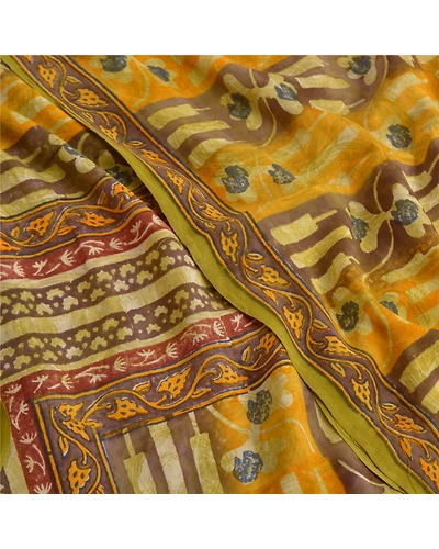 Sanskriti Vintage Sarees Green Pure Crepe Silk Printed Sari Floral Craft Fabric, PRC-18687-Green-Printed Floral Design-Pure Crepe Silk-5