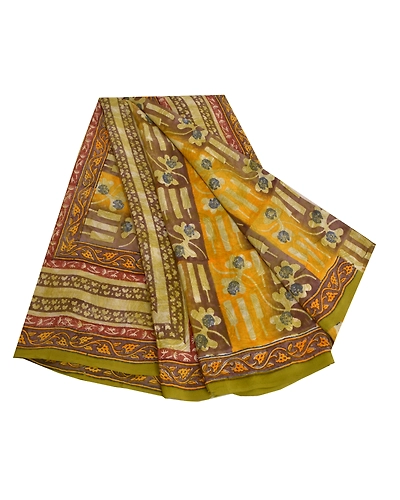 Sanskriti Vintage Sarees Green Pure Crepe Silk Printed Sari Floral Craft Fabric, PRC-18687-Green-Printed Floral Design-Pure Crepe Silk-7