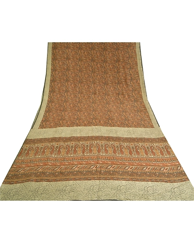 Sanskriti Vintage Sarees Brown Indian Pure Crepe Silk Printed Sari Craft Fabric, PRC-18701-Brown-Printed Floral Design-Pure Crepe Silk-7