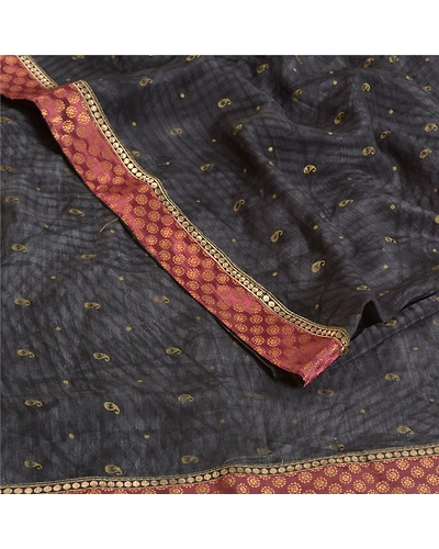 Sanskriti Vintage Sarees Gray-Black Hand Beads Pure Crepe Silk Sari Craft Fabric, PRC-18715-Grayish-Black-Printed Floral Design-Pure Crepe Silk-2