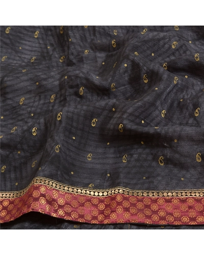 Sanskriti Vintage Sarees Gray-Black Hand Beads Pure Crepe Silk Sari Craft Fabric, PRC-18715-Grayish-Black-Printed Floral Design-Pure Crepe Silk-6