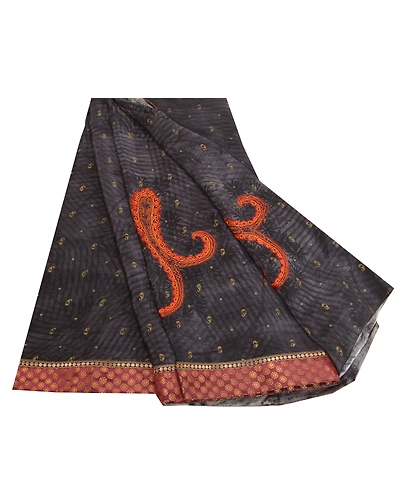 Sanskriti Vintage Sarees Gray-Black Hand Beads Pure Crepe Silk Sari Craft Fabric, PRC-18715-Grayish-Black-Printed Floral Design-Pure Crepe Silk-7