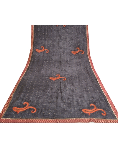Sanskriti Vintage Sarees Gray-Black Hand Beads Pure Crepe Silk Sari Craft Fabric, PRC-18715-Grayish-Black-Printed Floral Design-Pure Crepe Silk-8