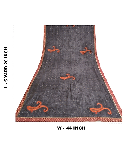Sanskriti Vintage Sarees Gray-Black Hand Beads Pure Crepe Silk Sari Craft Fabric, PRC-18715-Grayish-Black-Printed Floral Design-Pure Crepe Silk-9