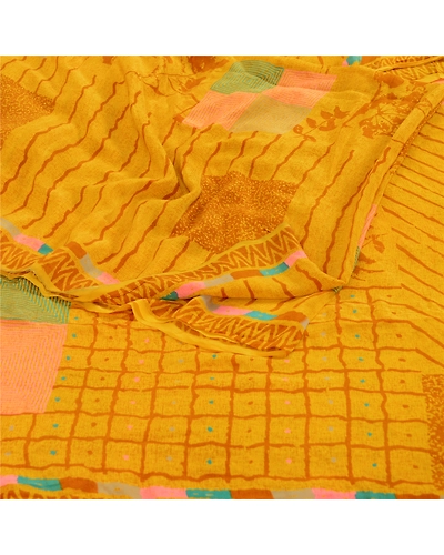 Sanskriti Vintage Sarees Indian Green Pure Crepe Silk Printed Sari Craft Fabric, PRC-18736-Green-Printed Floral Design-Pure Crepe Silk-1
