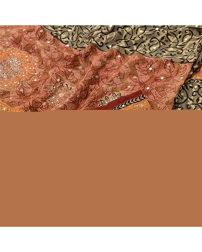Sanskriti Vintage Sarees Gray Hand Beads Pure Crepe Silk Print Sari Craft Fabric, PRC-18743-Gray-Printed Floral Design-Pure Crepe Silk-1