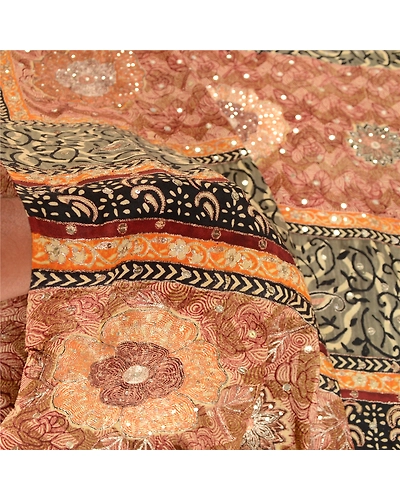 Sanskriti Vintage Sarees Gray Hand Beads Pure Crepe Silk Print Sari Craft Fabric, PRC-18743-Gray-Printed Floral Design-Pure Crepe Silk-3