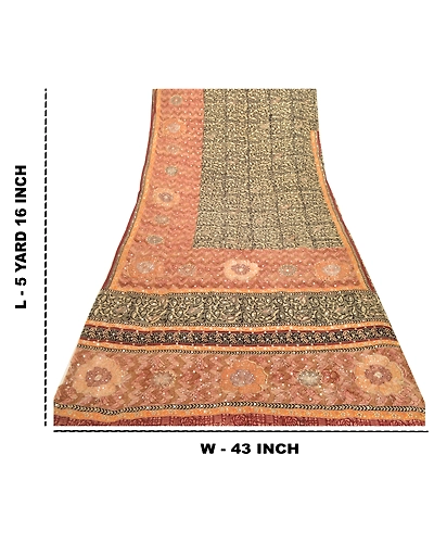 Sanskriti Vintage Sarees Gray Hand Beads Pure Crepe Silk Print Sari Craft Fabric, PRC-18743-Gray-Printed Floral Design-Pure Crepe Silk-9