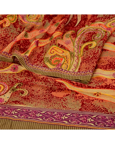 Sanskriti Vintage Sarees Red Hand Beaded Pure Crepe Silk Printed Sari 5Yd Fabric, PRC-18751-Red-Printed Floral Design-Pure Crepe Silk-2