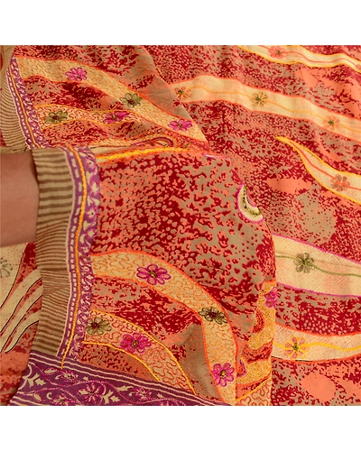 Sanskriti Vintage Sarees Red Hand Beaded Pure Crepe Silk Printed Sari 5Yd Fabric, PRC-18751-Red-Printed Floral Design-Pure Crepe Silk-3
